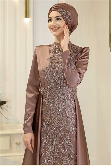 Pınar Şems Omzu Drapeli Abiye Kahverengi