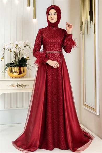 Pınar Şems Yeni Sarmaşık Abiye Bordo