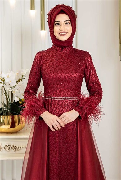 Pınar Şems Yeni Sarmaşık Abiye Bordo