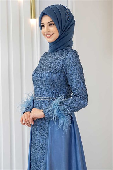 Pınar Şems Yeni Sarmaşık Abiye İndigo