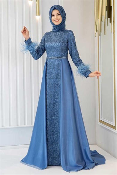 Pınar Şems Yeni Sarmaşık Abiye İndigo