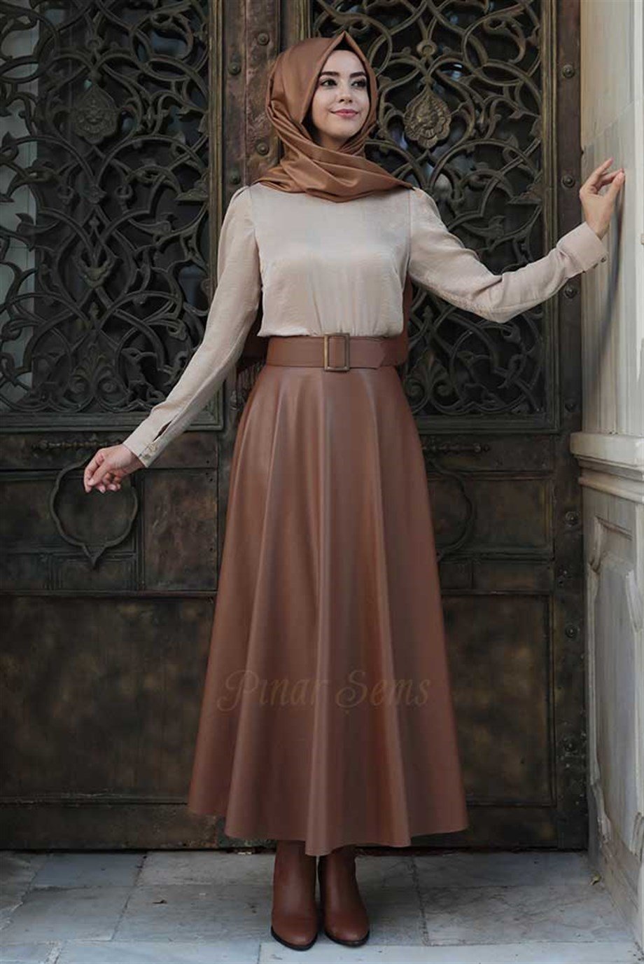 Pınar Şems Deri Verev Etek Taba