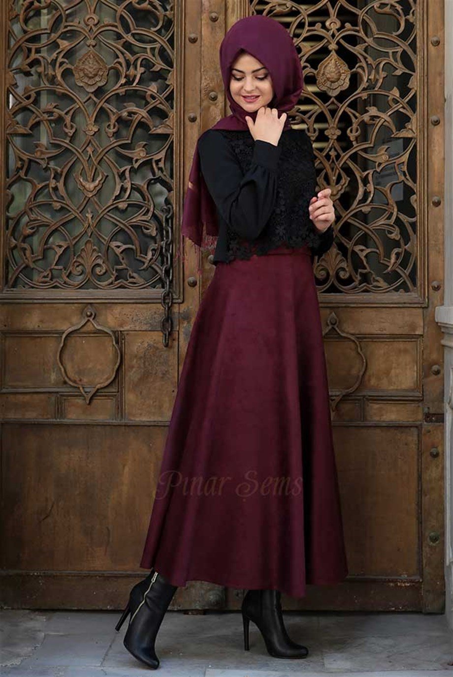 Pınar Şems Fiyonklu Süet Etek Bordo