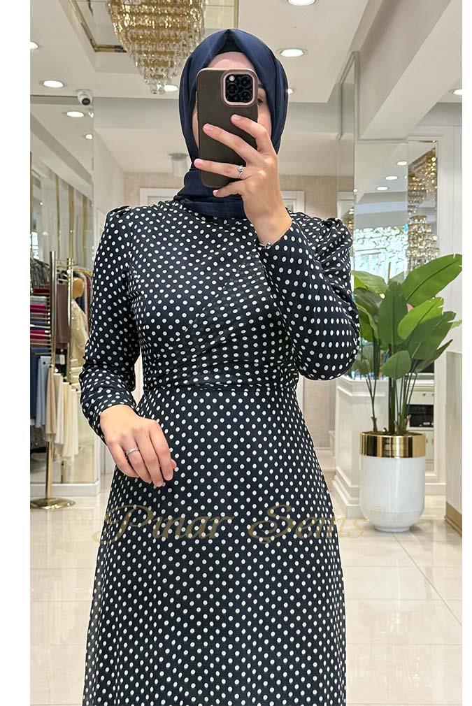 Pınar Şems Puantiyeli Elbise Lacivert