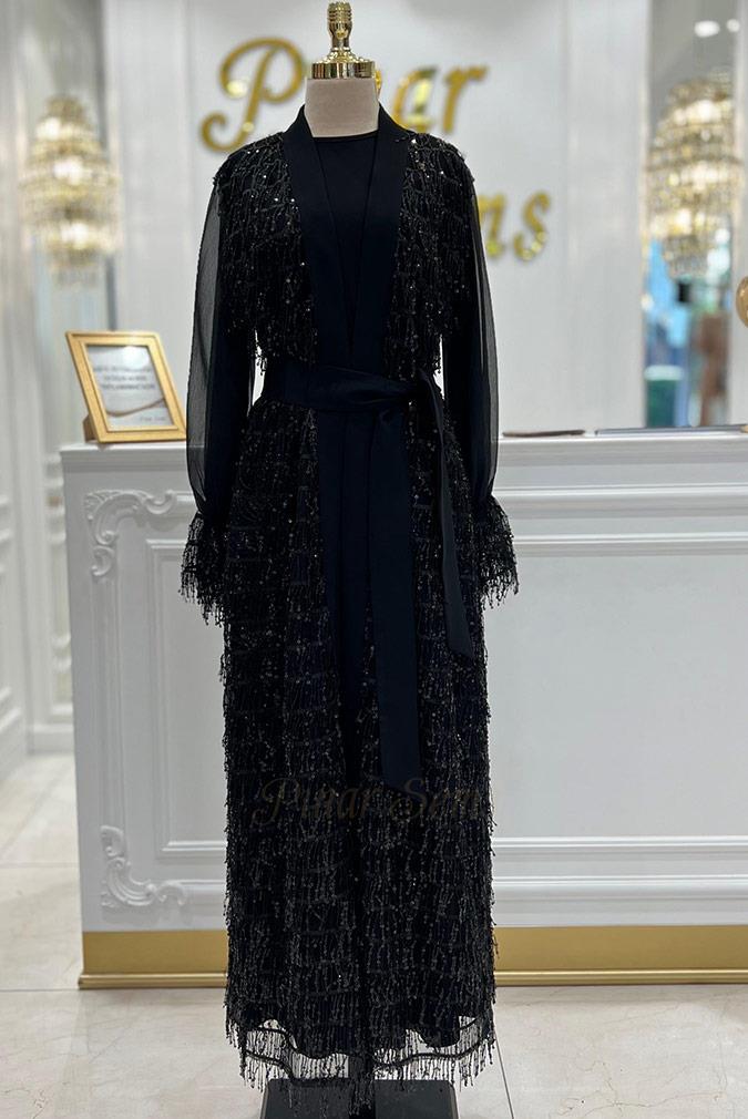 Pınar Şems Püsküllü Abaya Siyah