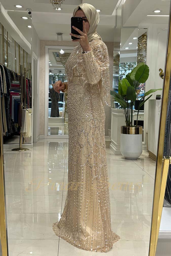 Pınar Şems Taşlı Lavanta Abiye Krem