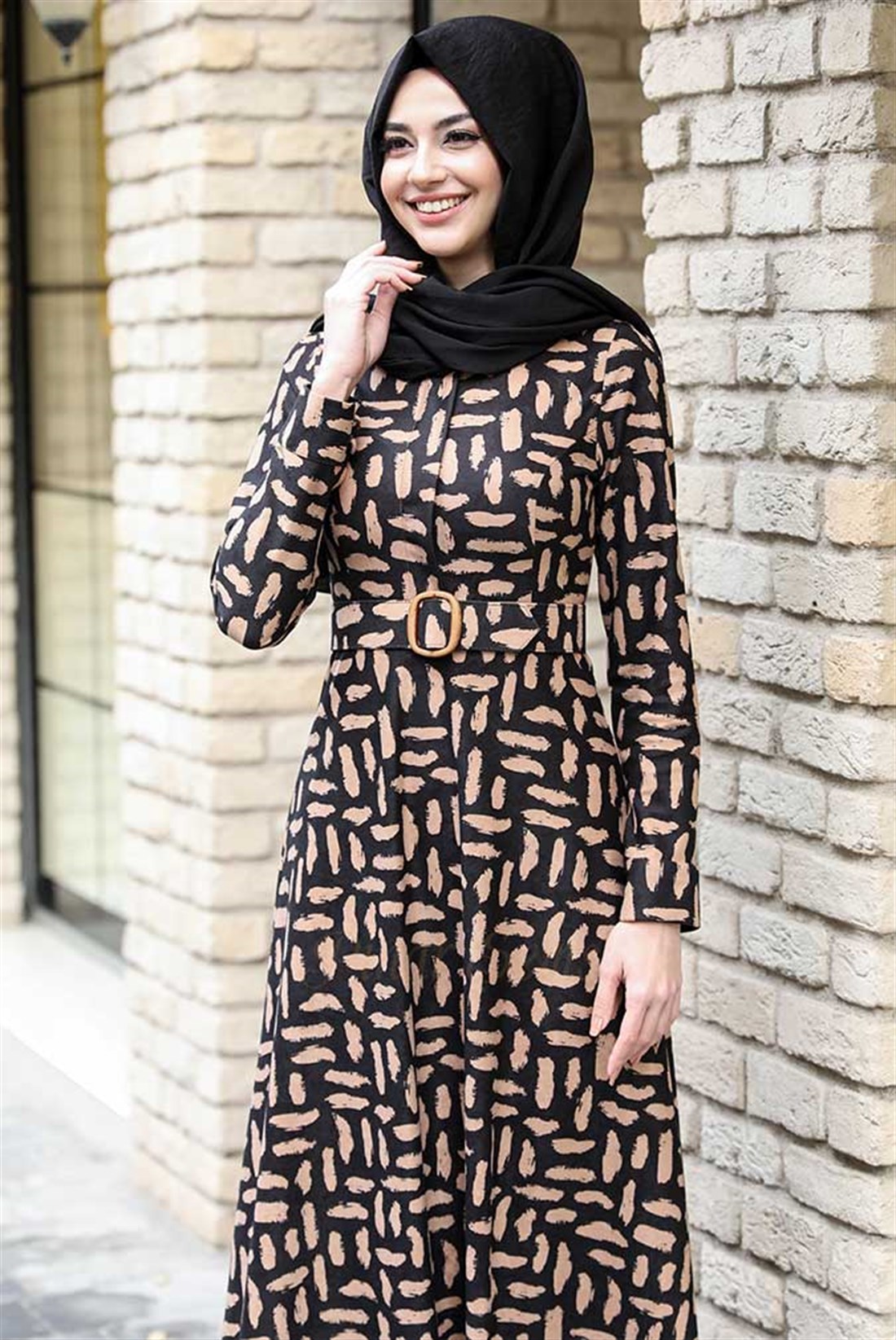 Pınar Şems Kışlık Fırça Desen Elbise Siyah