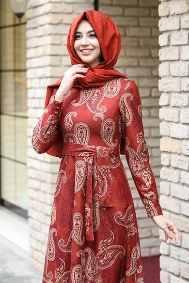 Pınar Şems Kışlık Etnik Elbise Kiremit