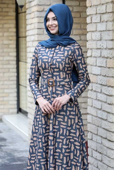 Pınar Şems Kışlık Fırça Desen Elbise İndigo