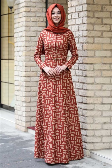 Pınar Şems Kışlık Fırça Desen Elbise Kiremit