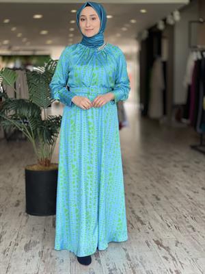 QUPRA Yakası Taşlı Mavi-Yeşil Elbise QAT45056