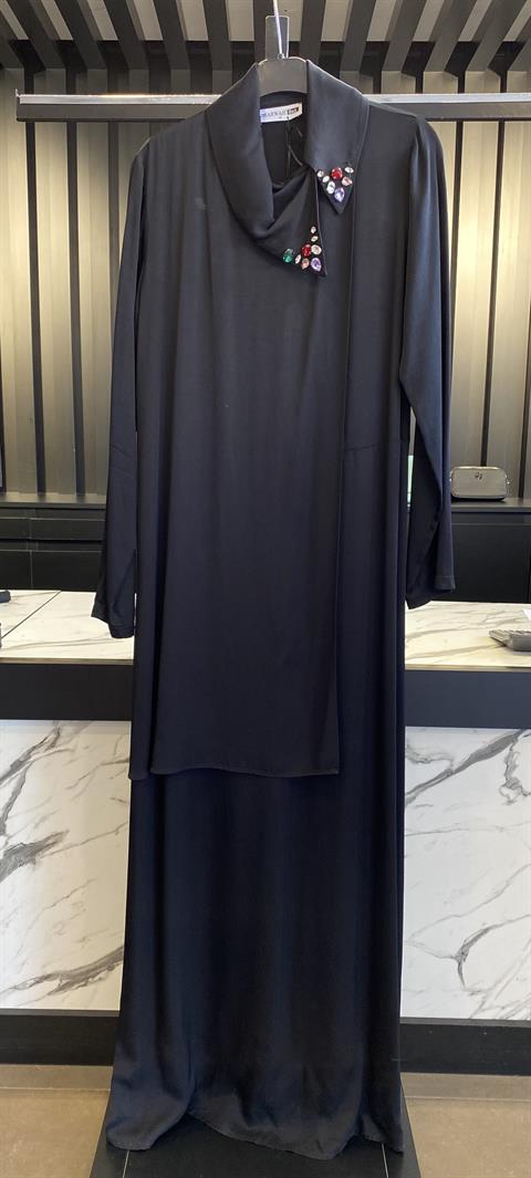 ALMARWAH Yakası Taşlı Siyah Elbise (BLK6236)