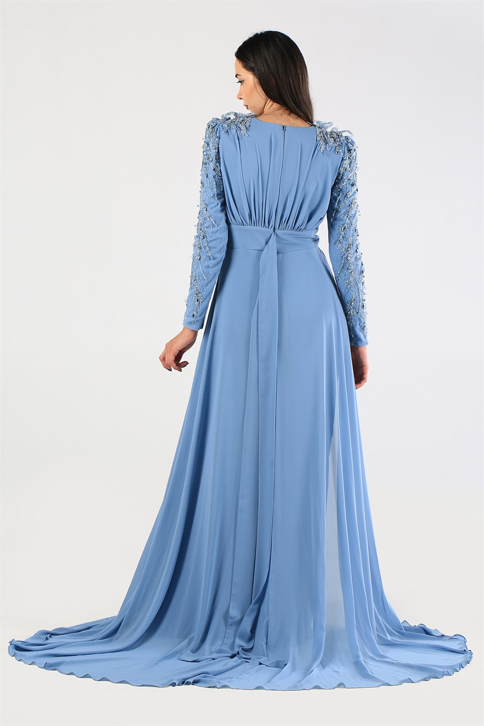 Kenzel Omuz ve Kol Taş İşlemeli Mavi Şifon Abiye Elbise (KENZEL-1100) | Wom  Boutique