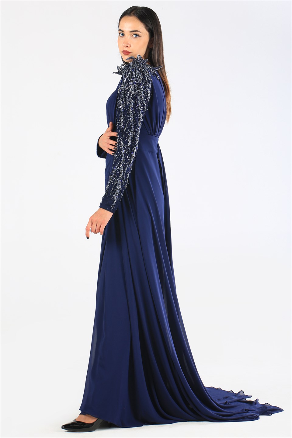 Kenzel Omuz ve Kol İşlemeli Lacivert Abiye Elbise (KENZEL-1100) | Wom  Boutique