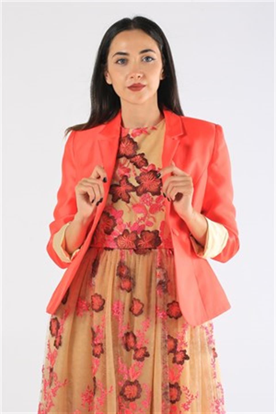 Zems Bej Çiçekli Tül Abiye Elbise | Wom Boutique
