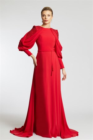 Kenzel Kırmızı Taşlı  Saten Abiye Elbise (KENZEL-2104)
