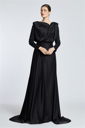 Kenzel Siyah Taşlı  Saten Abiye Elbise (KENZEL-2109)