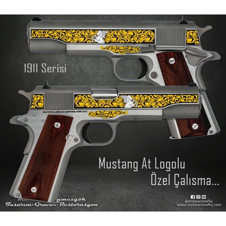 Colt 1911 Gravür Çizimi_Mustang At Logolu