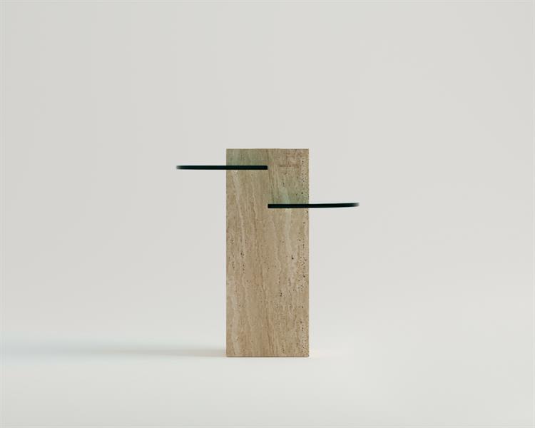 Della-Table dappoint à piédestal en travertin et plateau de verre à gradins