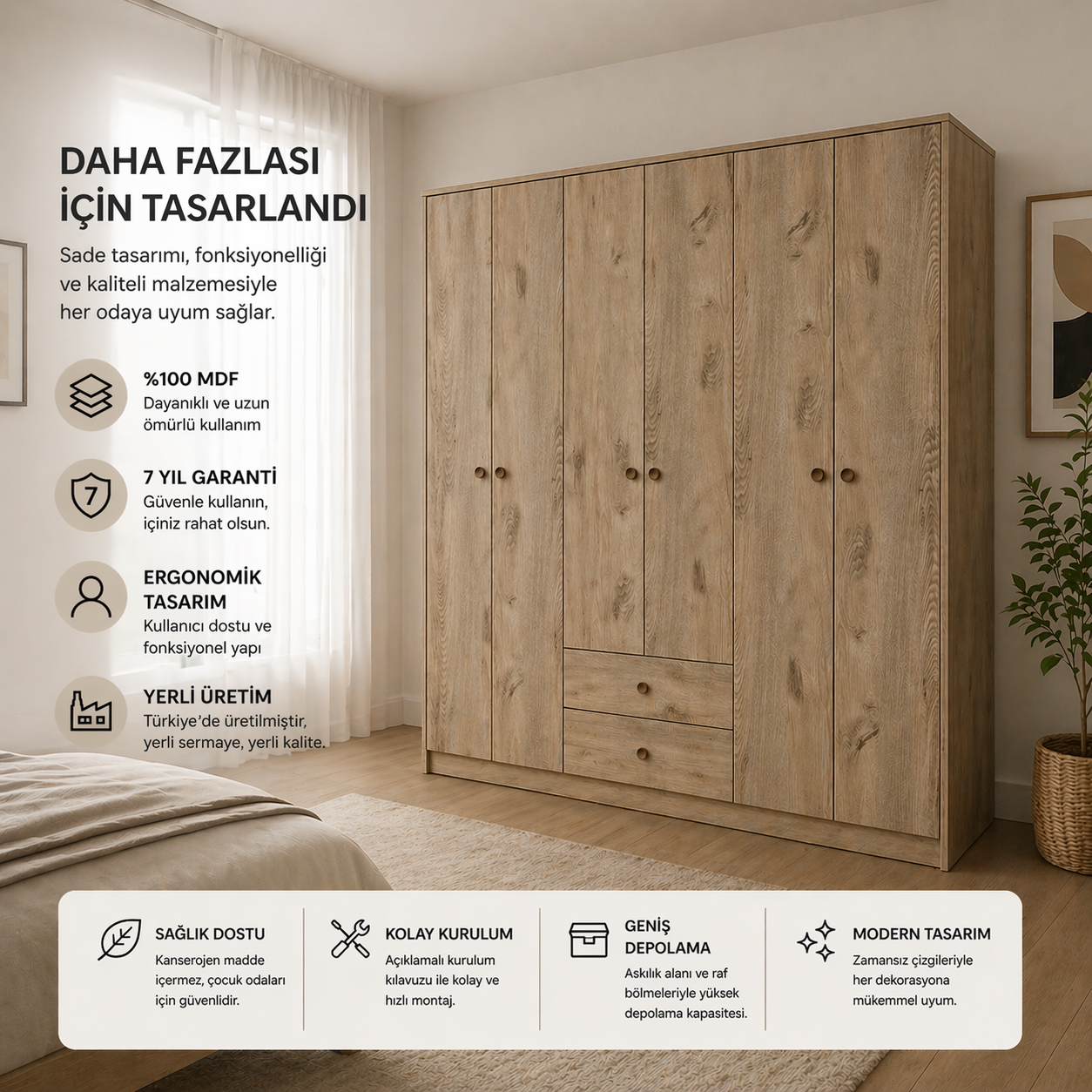 Diamont 6 Kapaklı ,2 Çekmeceli Dolap(%100MDF)