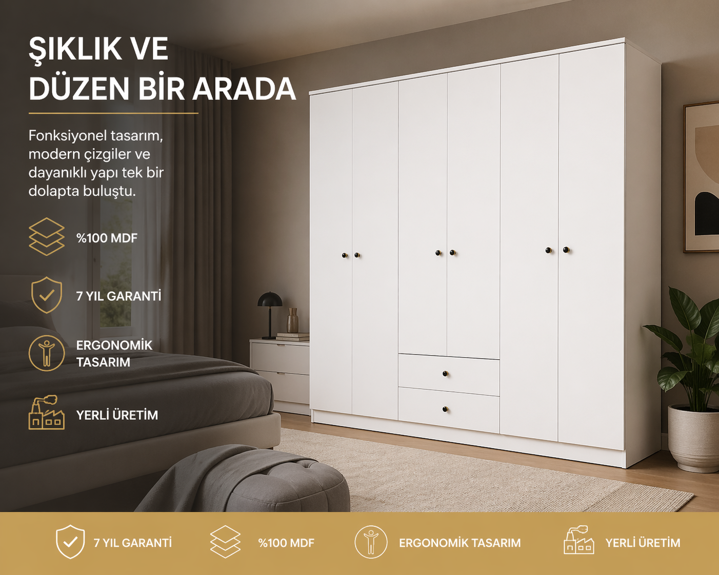 Diamont 6 Kapaklı,2 Çekmeceli Dolap(%100MDF)