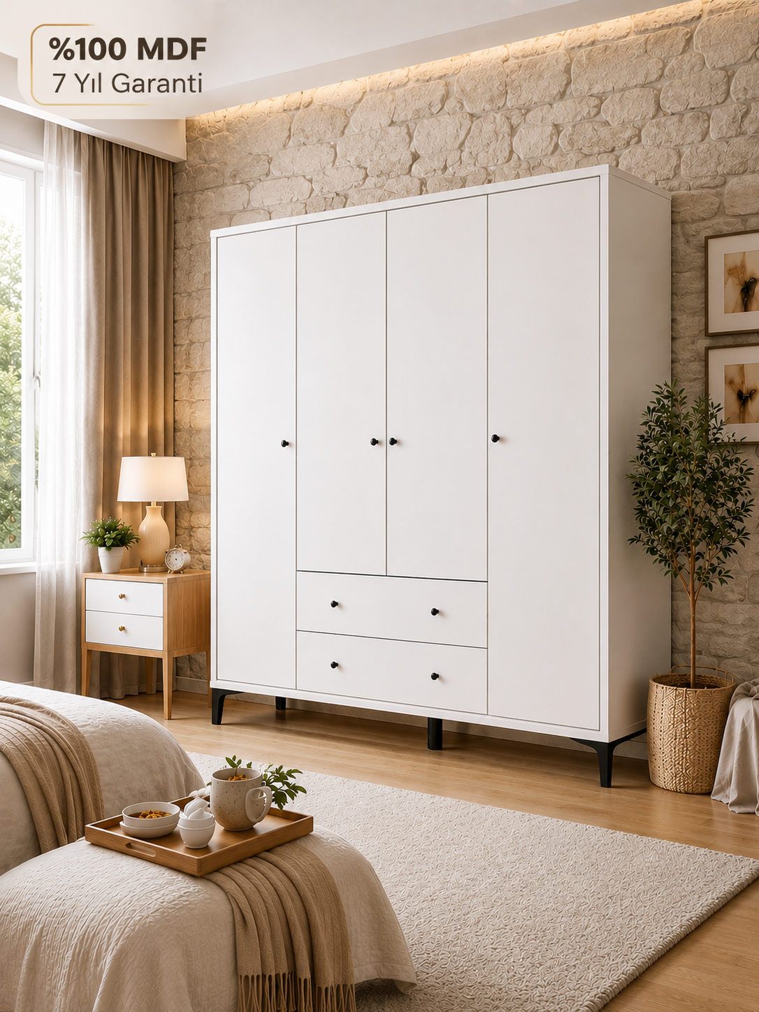 Focus 4 Kapılı Dolap Beyaz (%100MDF) - 4 Kapılı, 2 Çekmeceli, Ayaklı Gardırop
