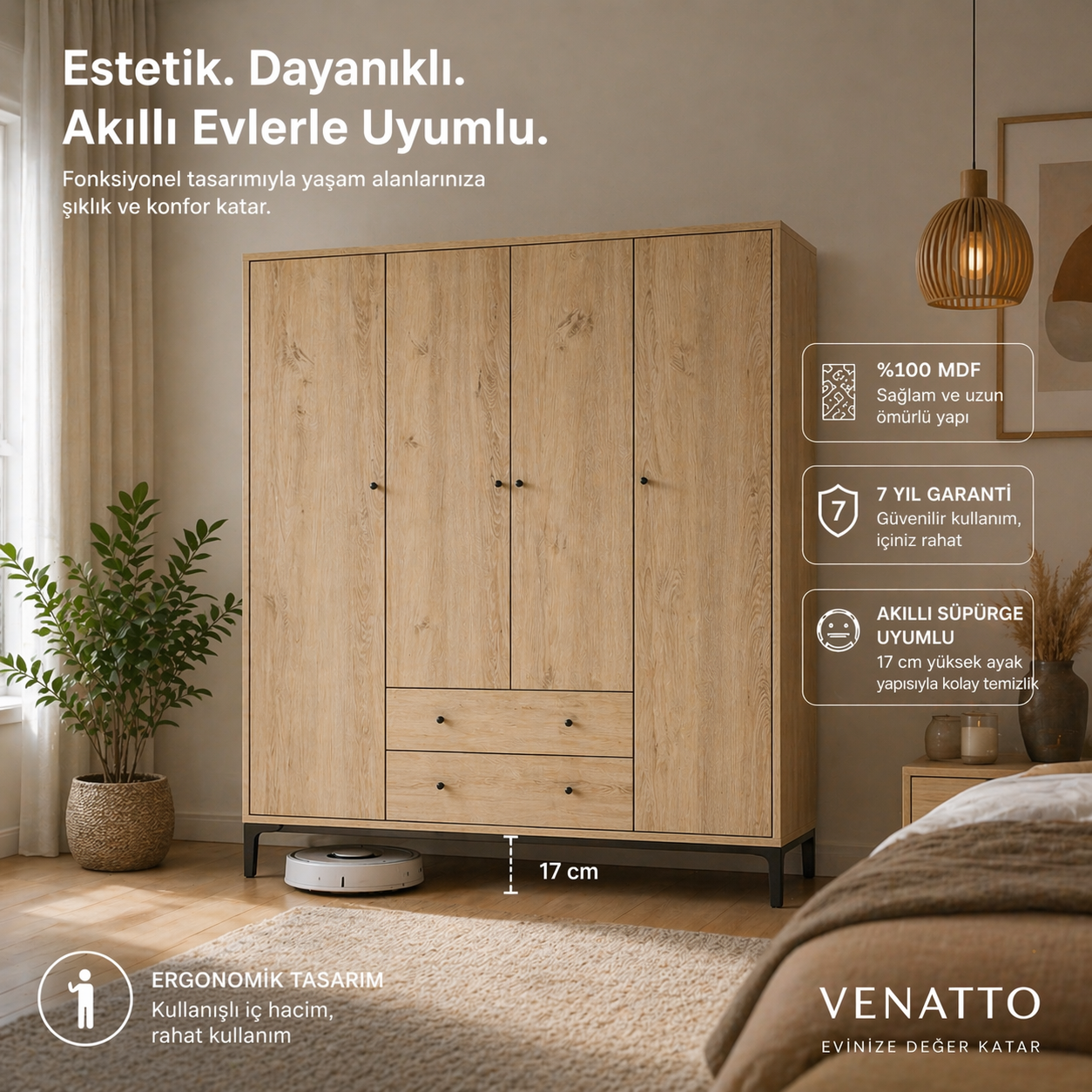 Focus 4 Kapılı Dolap Meşe (%100MDF) - 4 Kapılı, 2 Çekmeceli, Ayaklı Gardırop