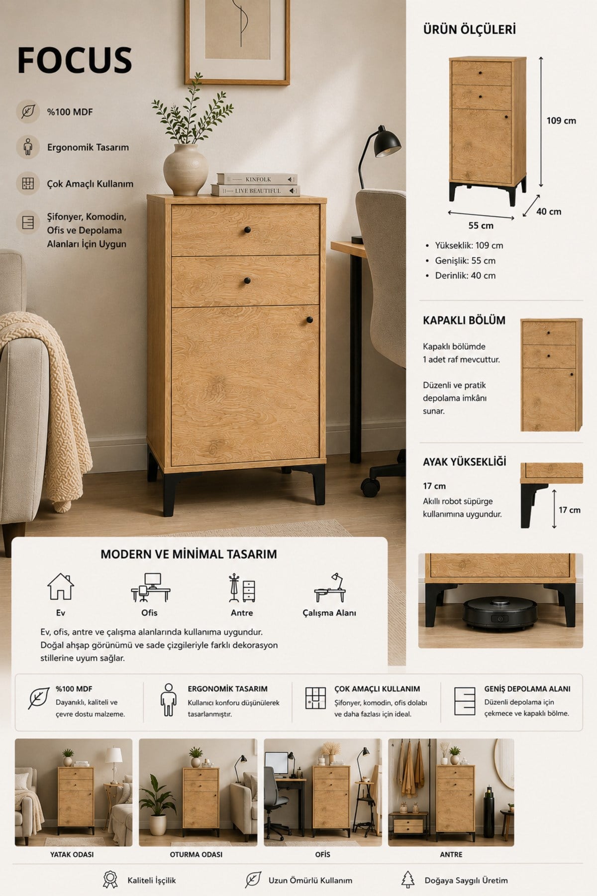 Focus Şifonyer Meşe (%100MDF)