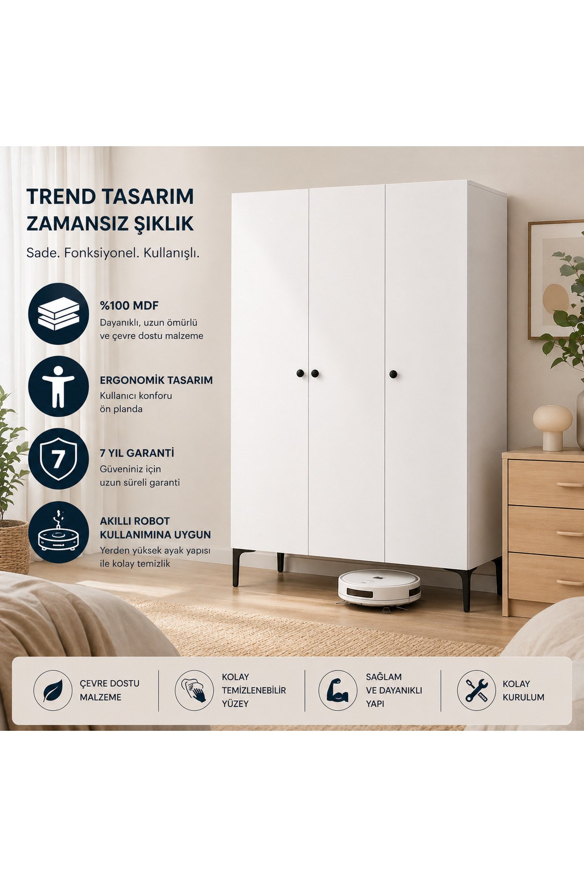 FREE 3 KAPAKLI,6 RAFLI, 1 ASKILI DOLAP/GARDIROP (%100MDF)