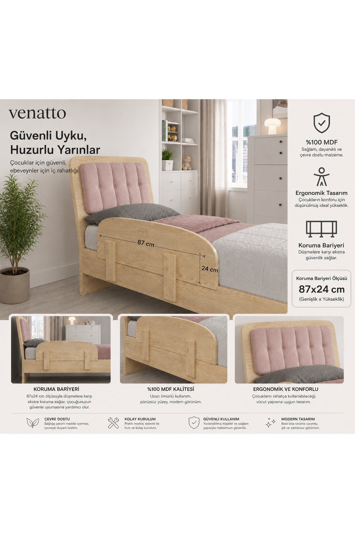 karyola güvenlik bariyeri 18cm kalınlığa uyumlu (%100mdf)