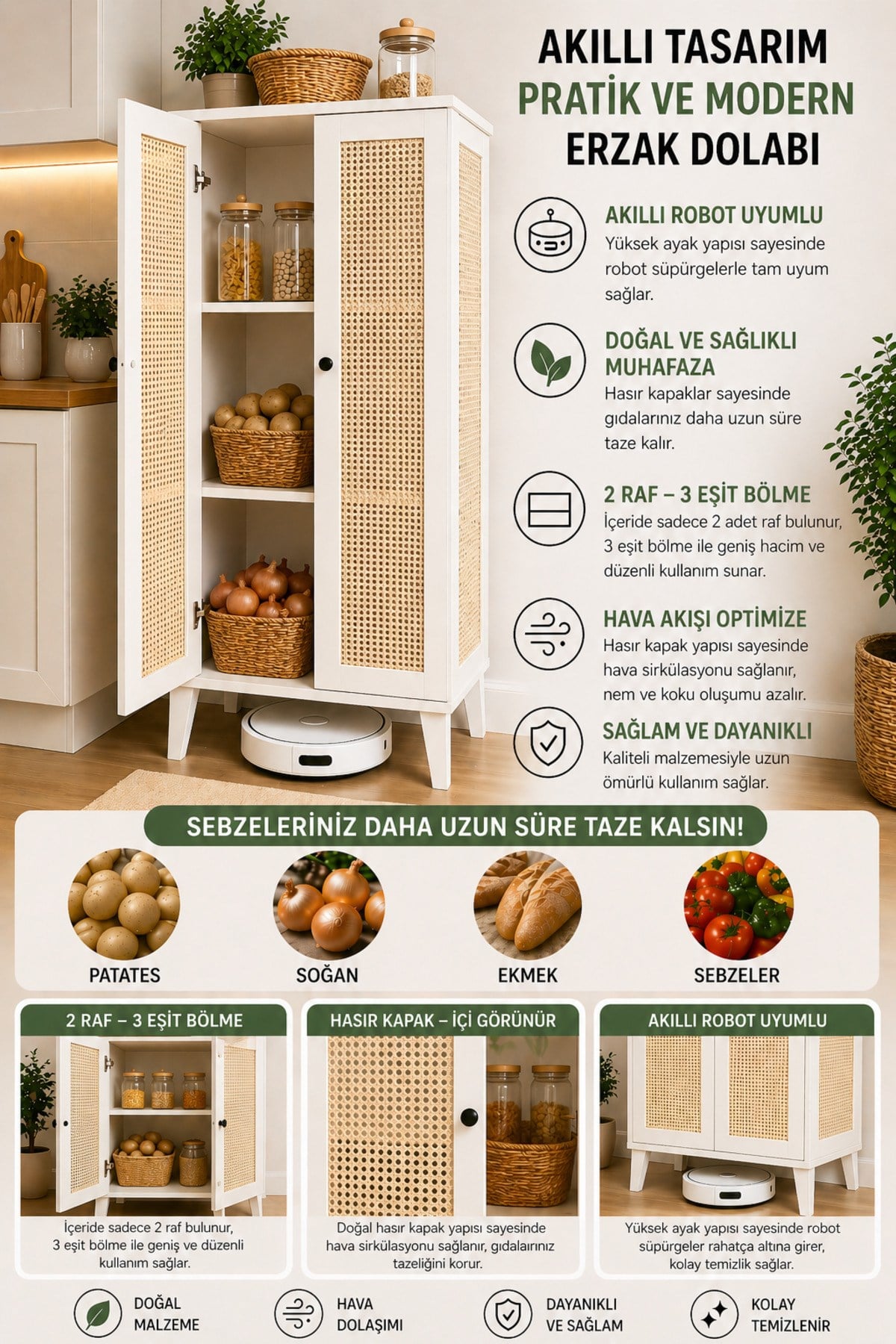 lucca kiler dolabı,hasırlı,2 raflı çok amaçlı dolap(%100mdf)