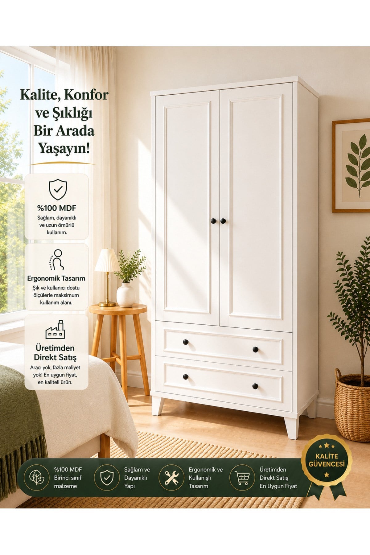 madrid 2 kapılı,2 çekmeceli,raflı dolap/gardırop(%100mdf)