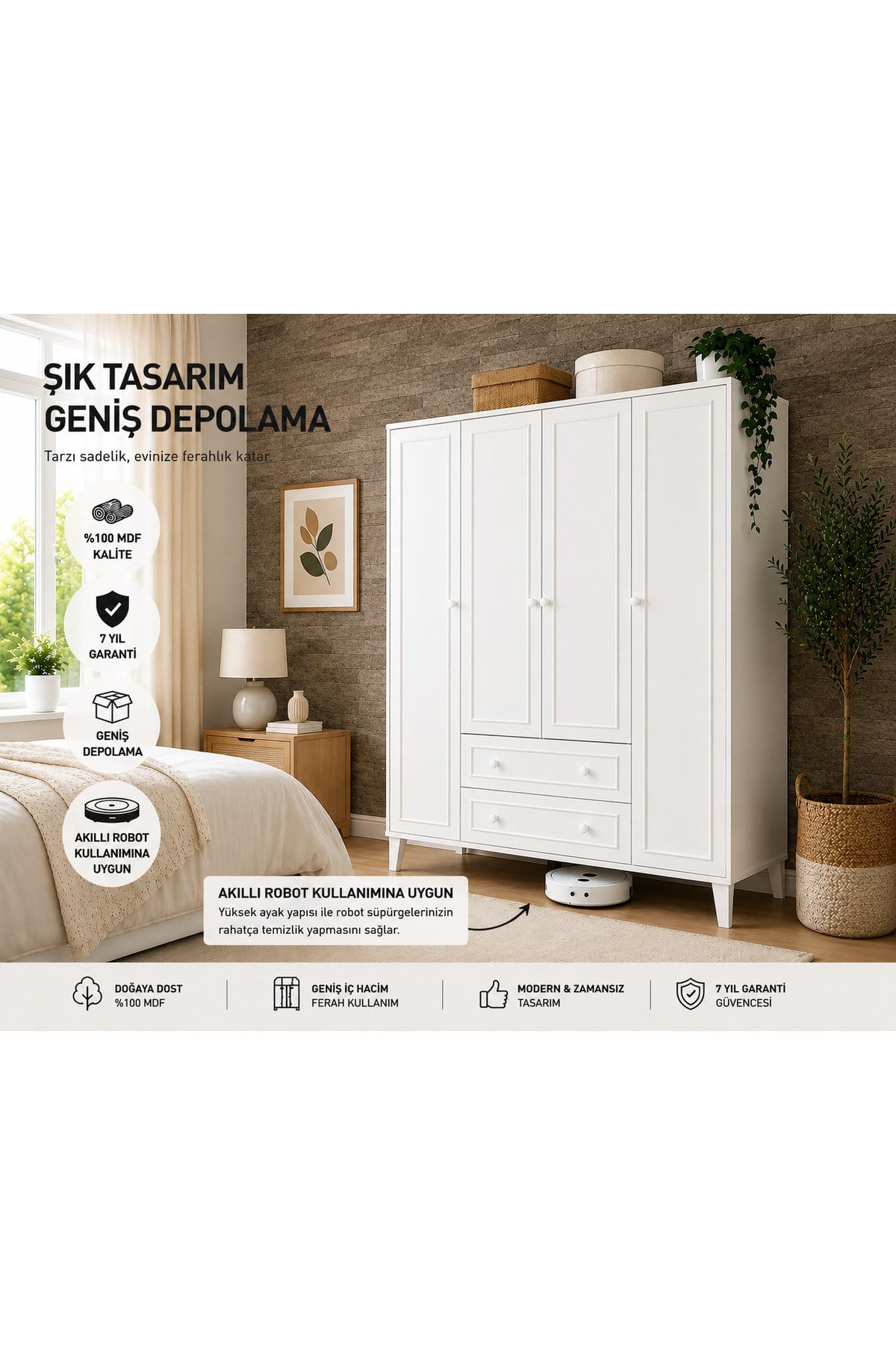 madrid 4 kapaklı ,10 raflı,2 çekmeceli avangart dolap/gardırop (%100mdf)