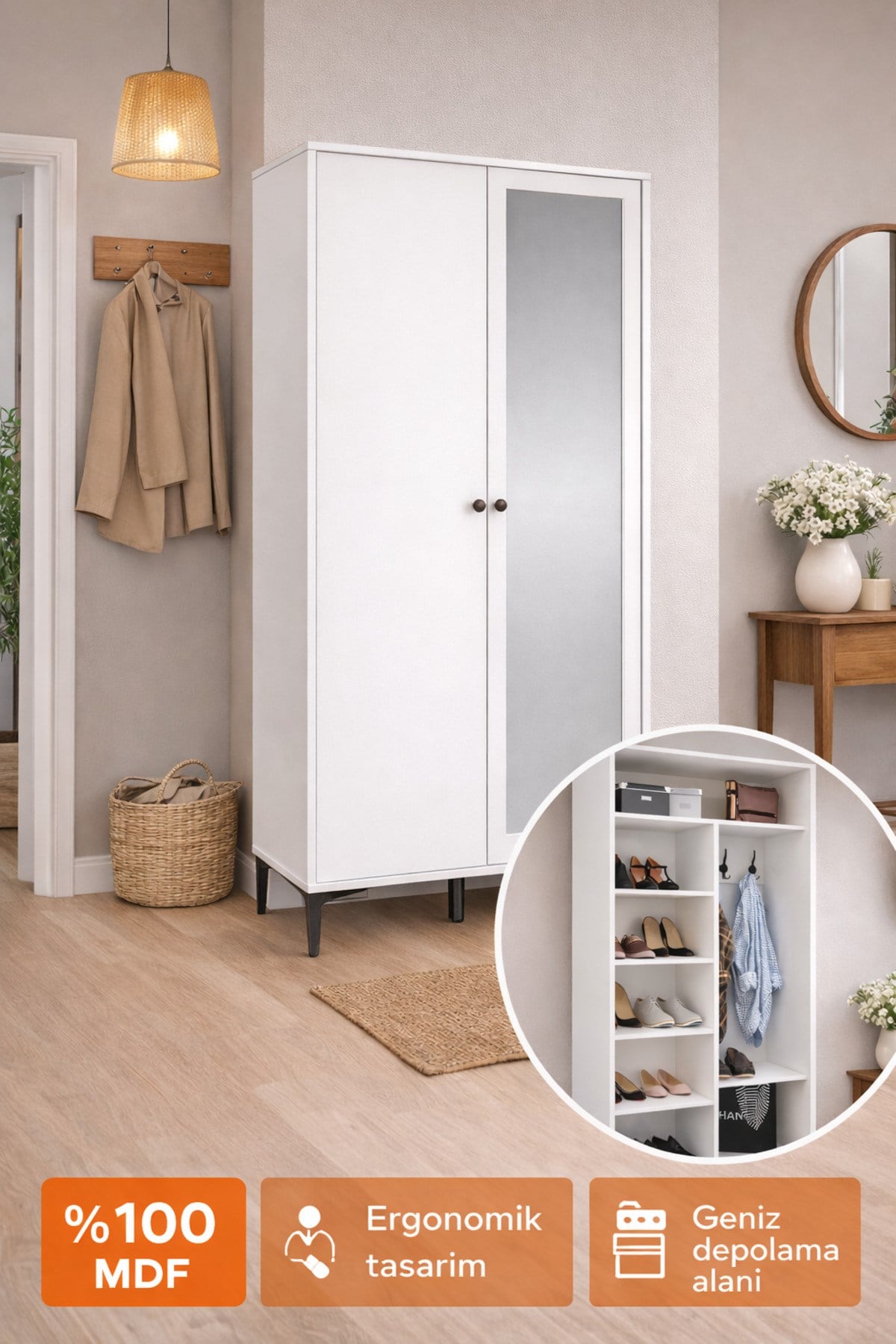 massimo aynalı,2 kapaklı portmanto/ayakkabılık/vestiyer(%100mdf)