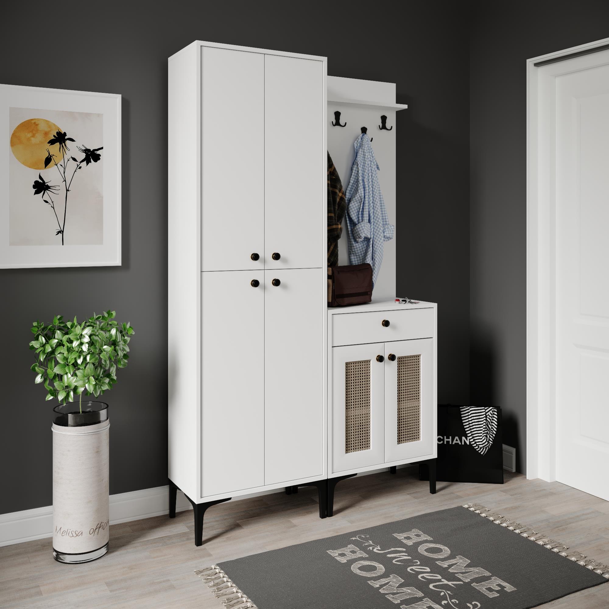PARİS HASIRLI VESTİYER/PORTMANTO BEYAZ (%100MDF)