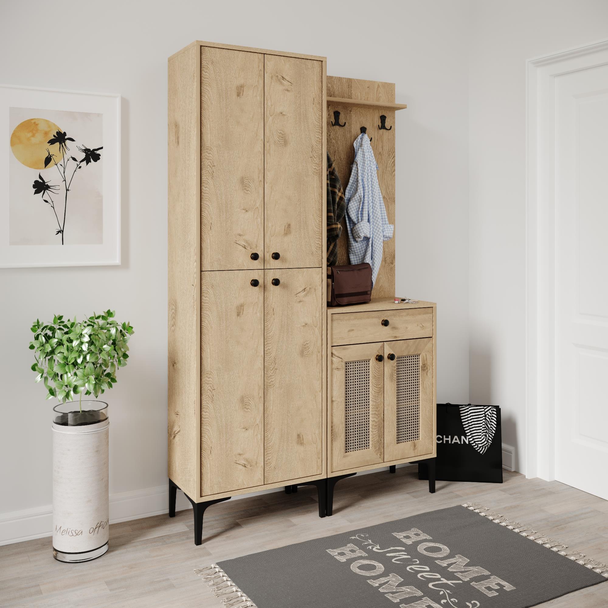 PARİS HASIRLI VESTİYER/PORTMANTO MEŞE (%100MDF)