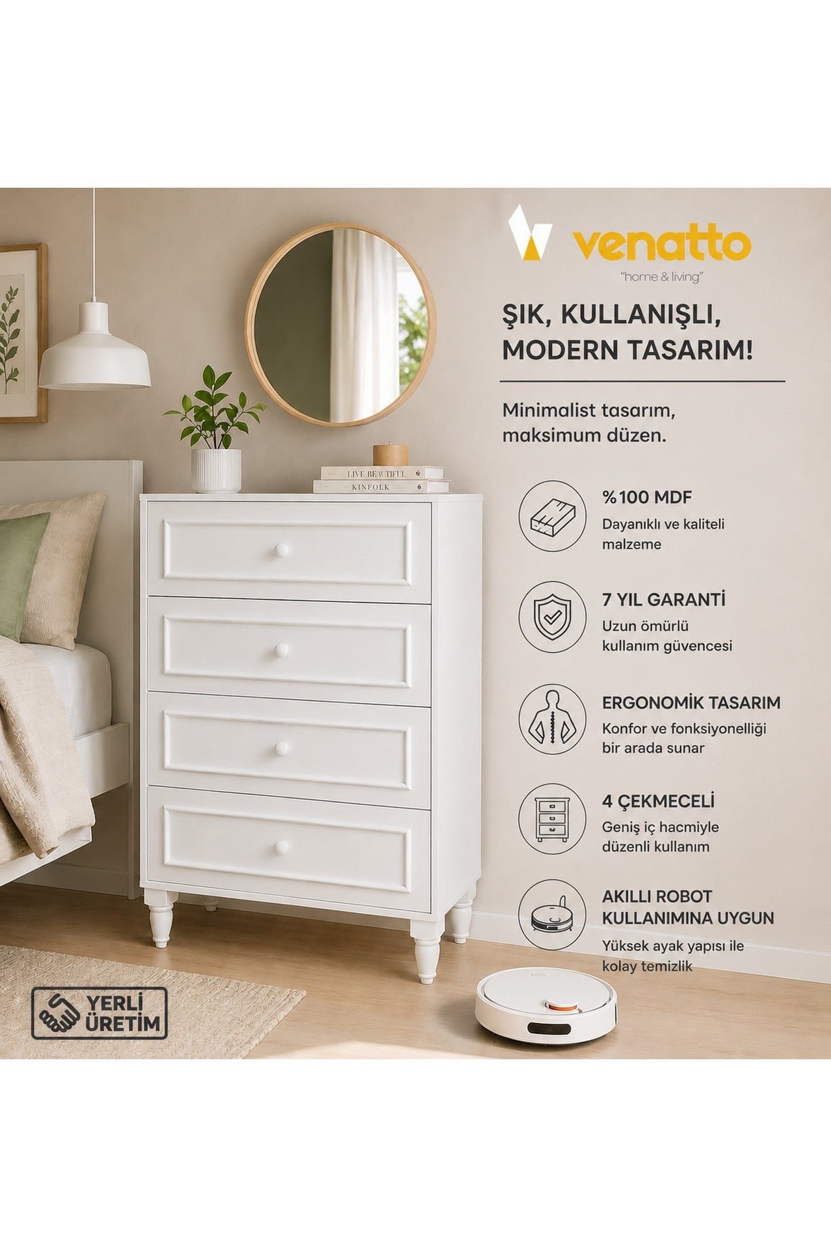 Romantic 4 Çek,avangart,beyaz Şifonyer(%100MDF)