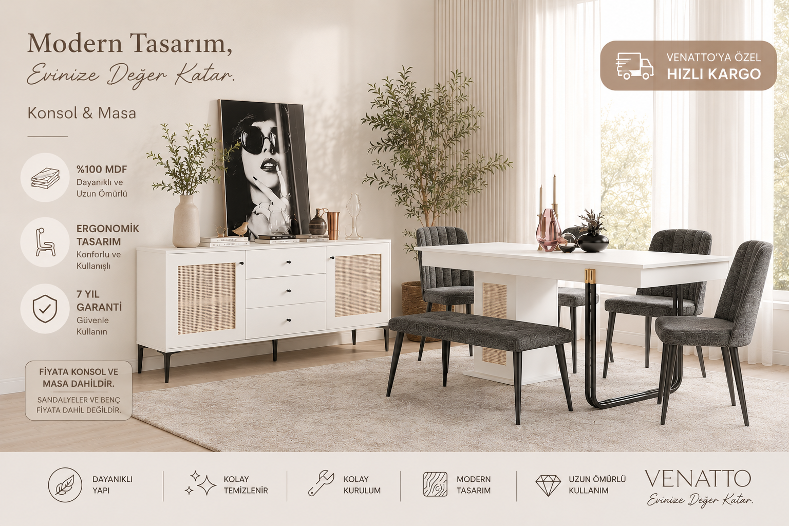 Trio Beyaz Yemek Odası