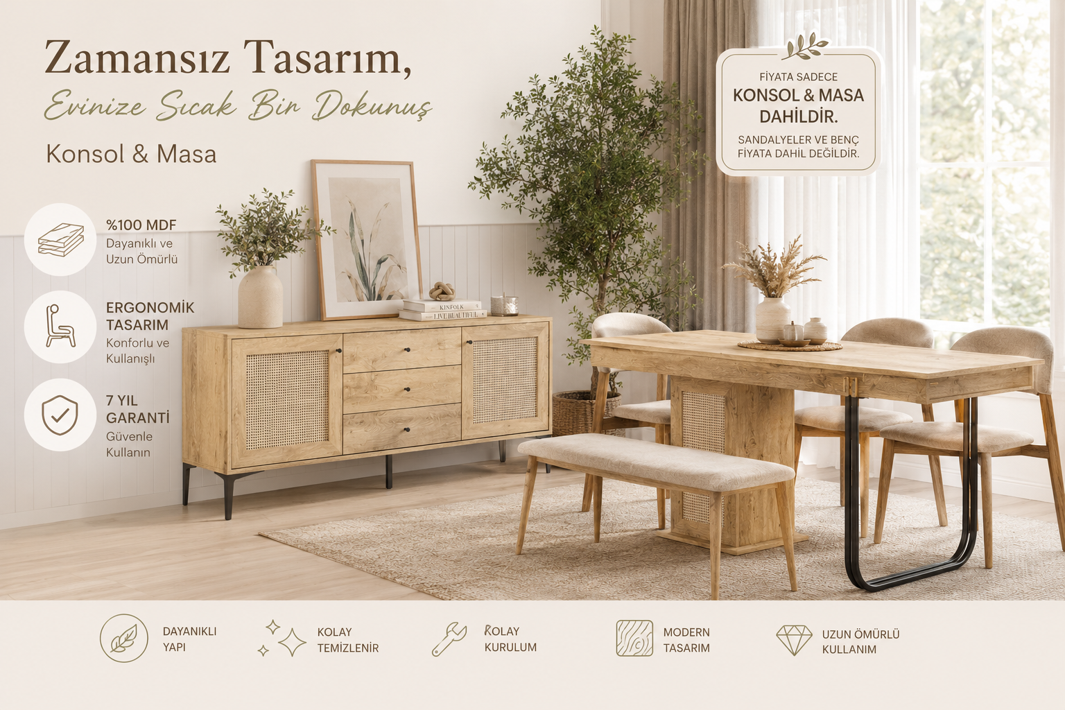 Trio Meşe Yemek Odası