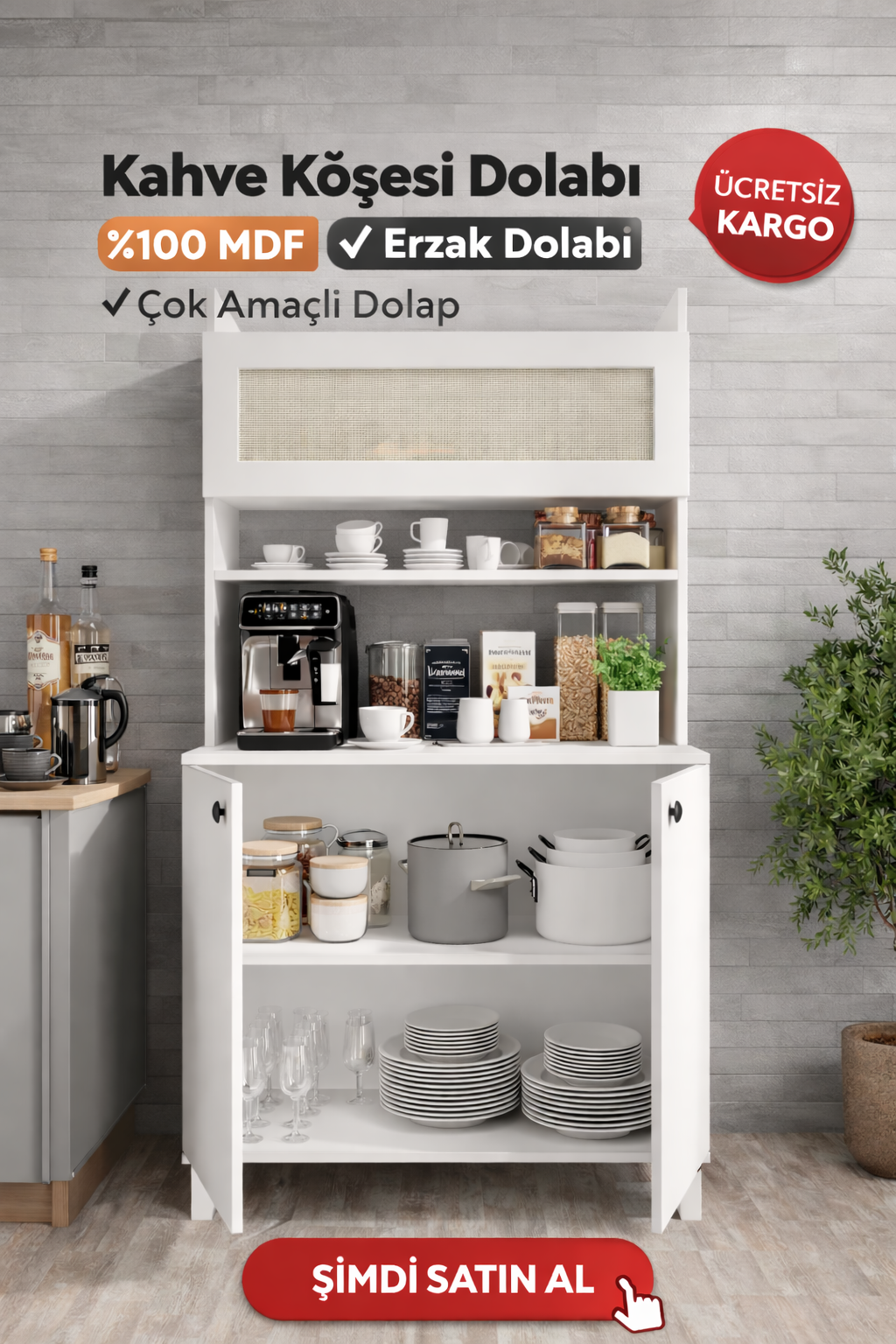 Truva hasırlı kahve köşesi,erzak dolabı,kiler dolabı çok amaçlı mutfak dolabı(%100mdf)