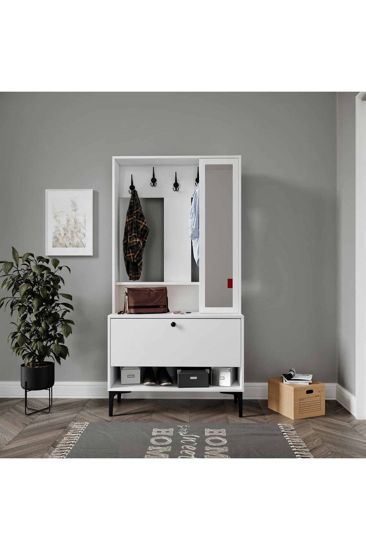 VALENTİN WOOD TARZ RAFLI,AYNALI PORTMANTO/AYAKKABILIK/VESTİYER(%100MDF)