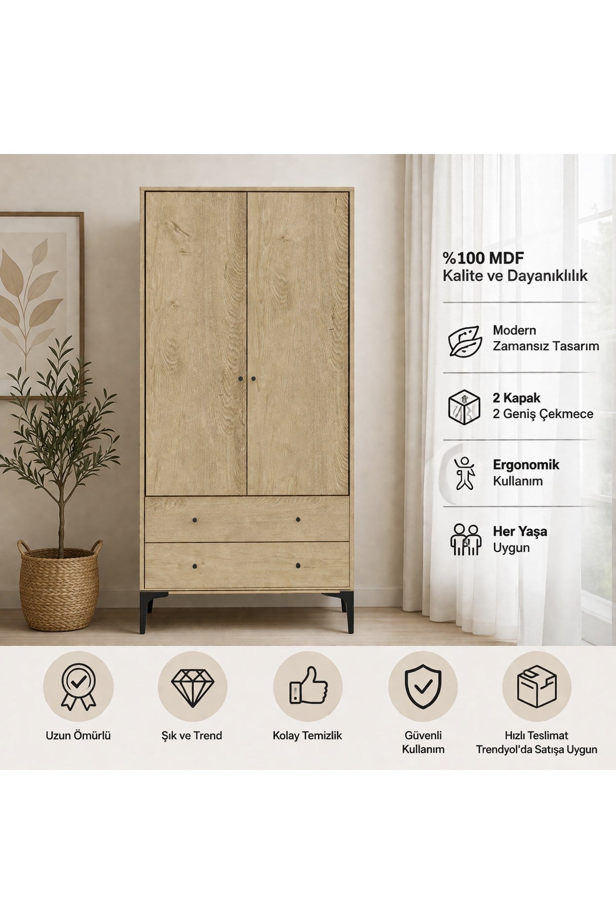 focus 2 kapaklı,sık raflı,askı bölümlü,2 çekmeceli dolap/gardırop(%100mdf)