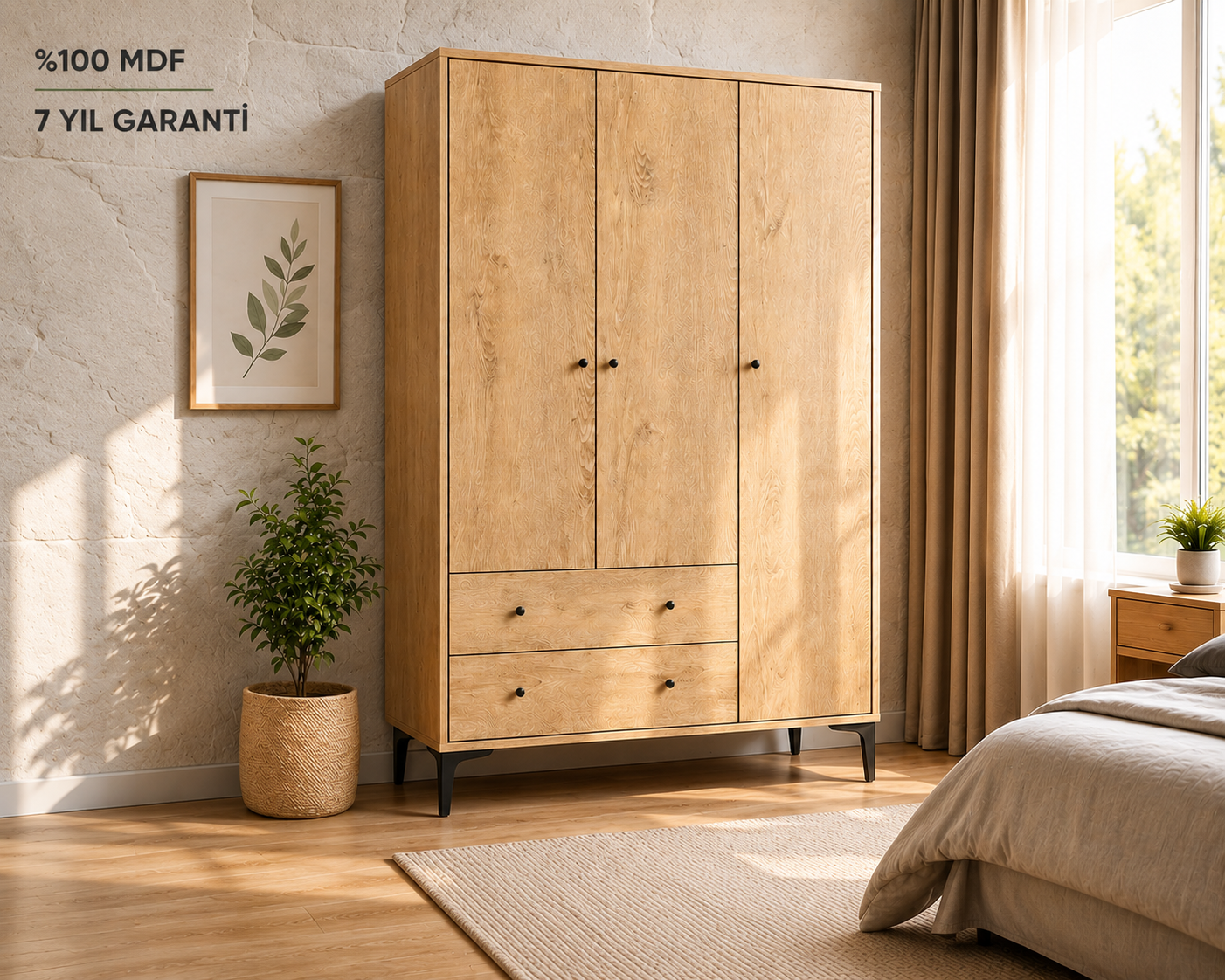 Focus 3 Kapılı, 2 Çekmeceli Gardırop/dolap Meşe(%100MDF)