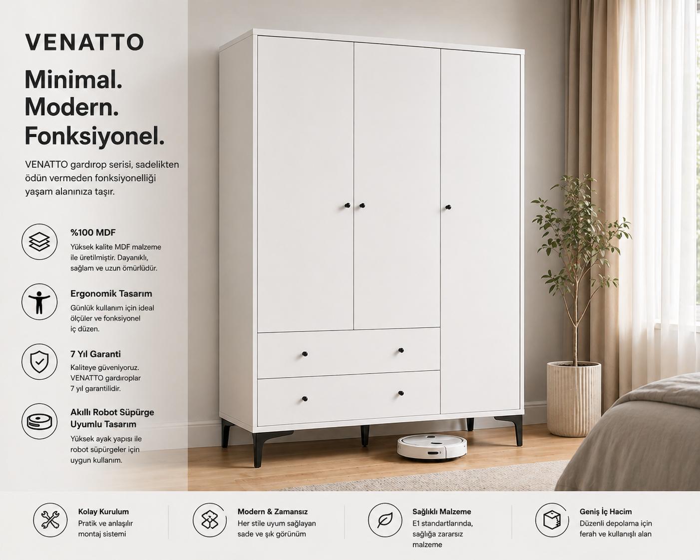 Focus 3 Kapılı Dolap/gardırop Beyaz (%100MDF)
