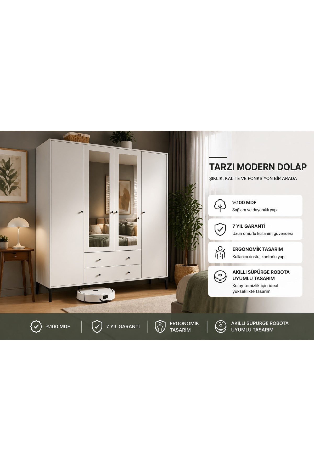 Focus 4 Kapılı, 2 Çekmeceli Aynalı Dolap (MEŞE) (%100MDF)