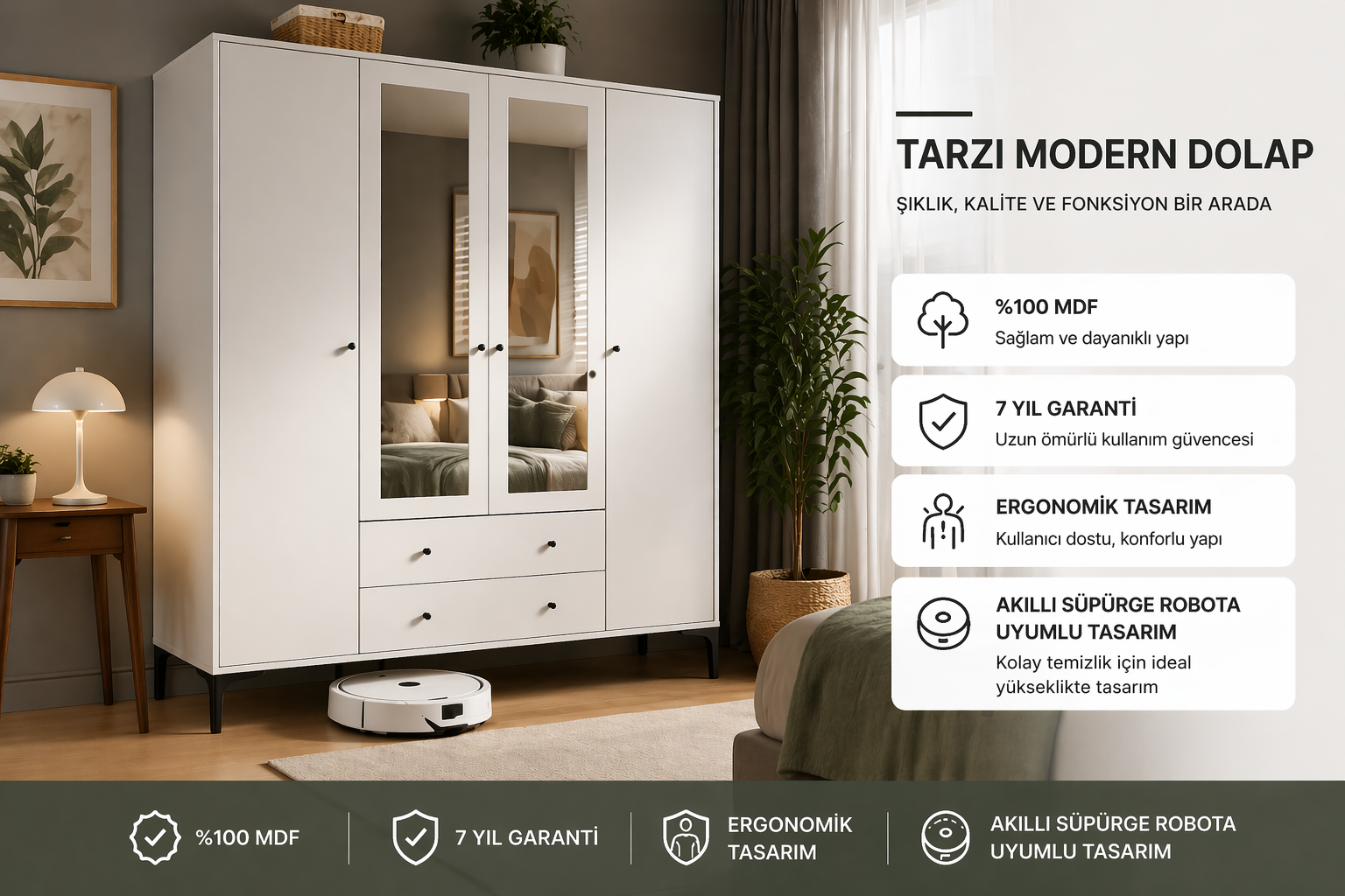 FOCUS 4 KAPILI AYNALI DOLAP/GARDIROP BEYAZ (%100MDF)