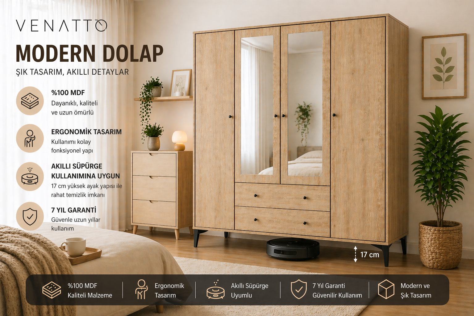 FOCUS 4 KAPILI AYNALI DOLAP/GARDIROP MEŞE (%100MDF)