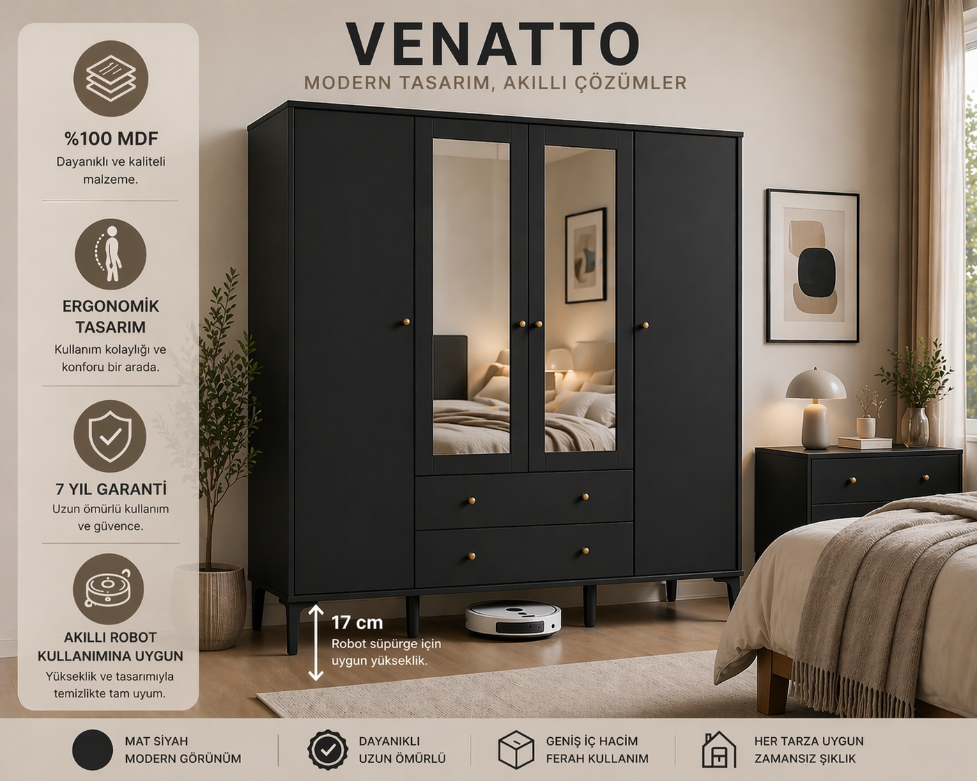 FOCUS 4 KAPILI AYNALI DOLAP/GARDIROP SİYAH (%100MDF)