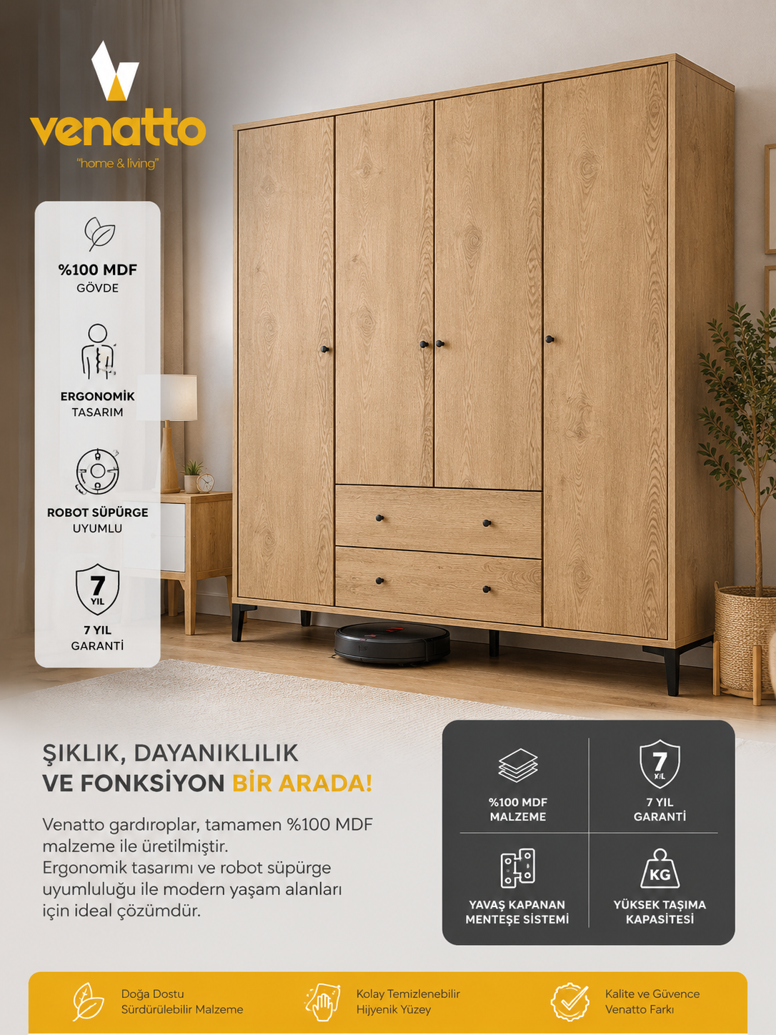Focus 4 Kapılı Dolap Meşe (%100MDF) - 4 Kapılı, 2 Çekmeceli, Ayaklı Gardırop