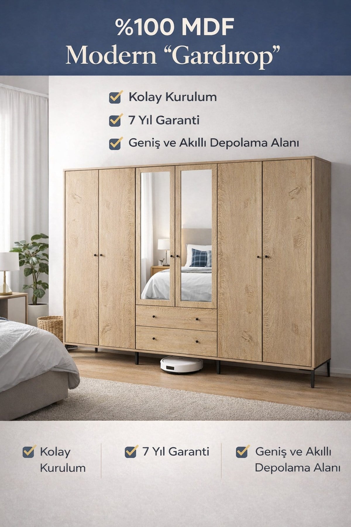 Focus 6 Kapılı Aynalı Dolap (%100MDF)